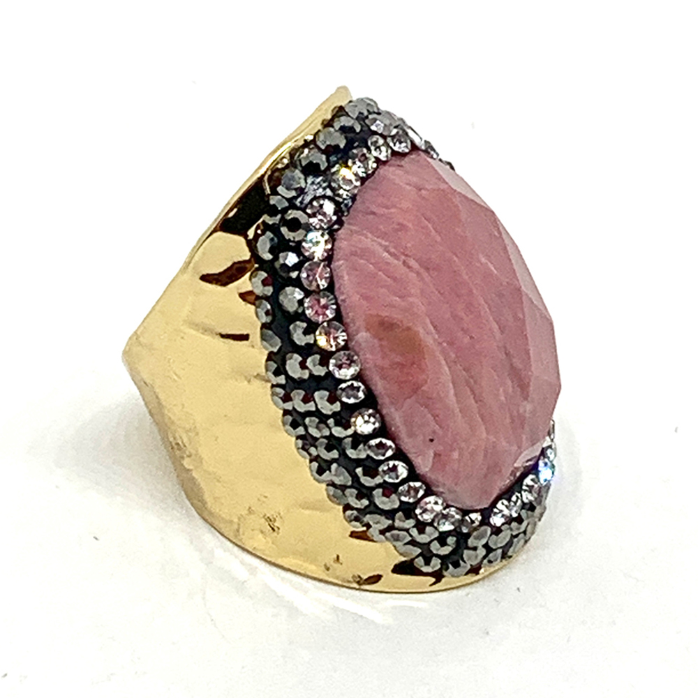 Hypnochic Bague Dorée Strass Rhodochrosite Ajustable