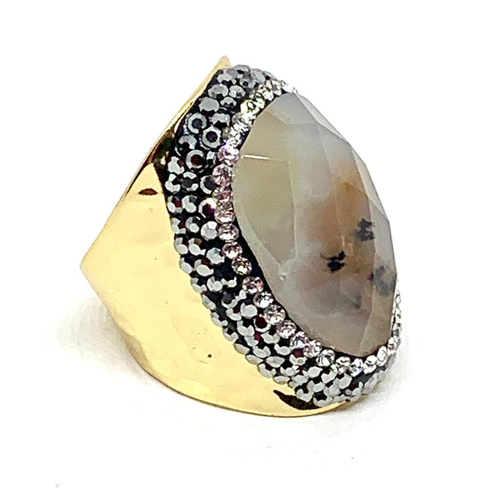 Hypnochic Bagues Bague Dorée Agate Blanche Ajustable Strass