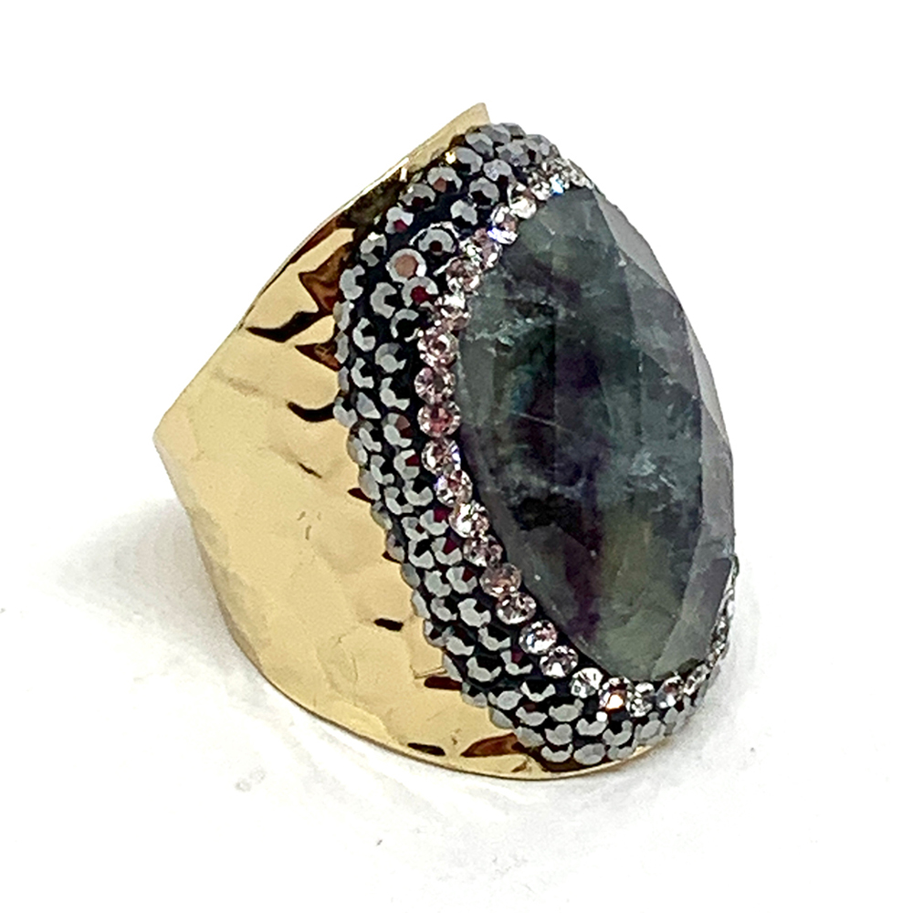 Hypnochic Labradorite bague dorée strass ajustable