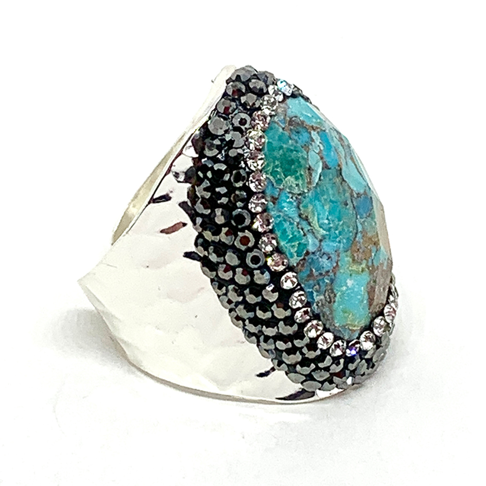 HYPNOCHIC Bague argentée strass pierre turquoise ajustable