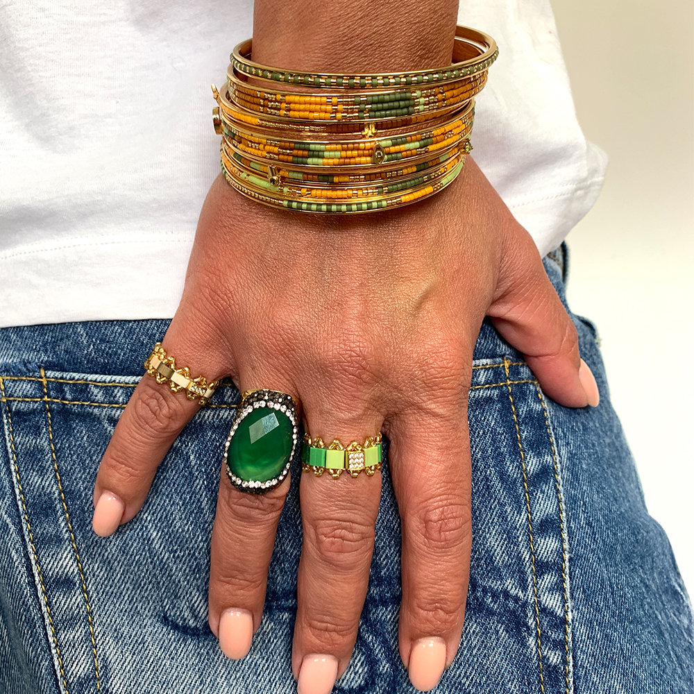 Hypnochic bague dorée strass agate verte ajustable