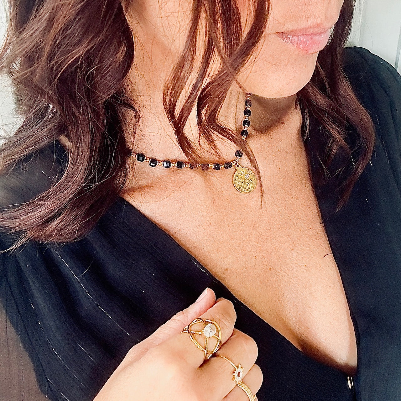 MAD SO CREATION Collier Spirit agate rouge + lune soleil