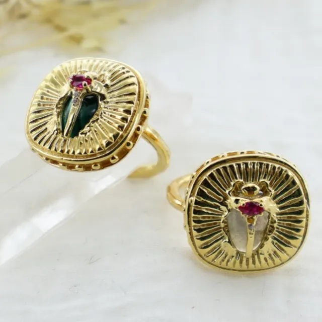 Leticia Ponti Scarabée bague malachite plaqué or ajustable