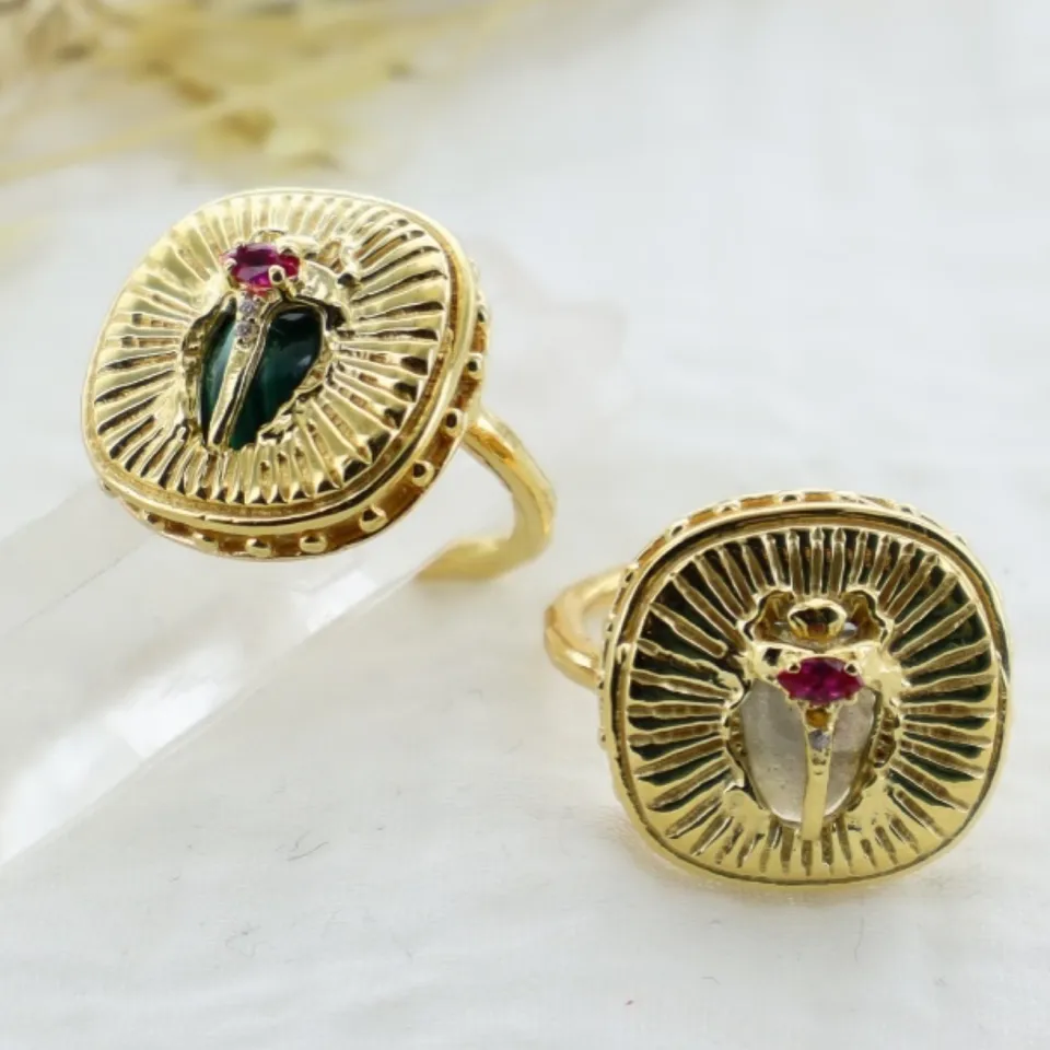 Leticia Ponti Scarabée bague malachite plaqué or ajustable