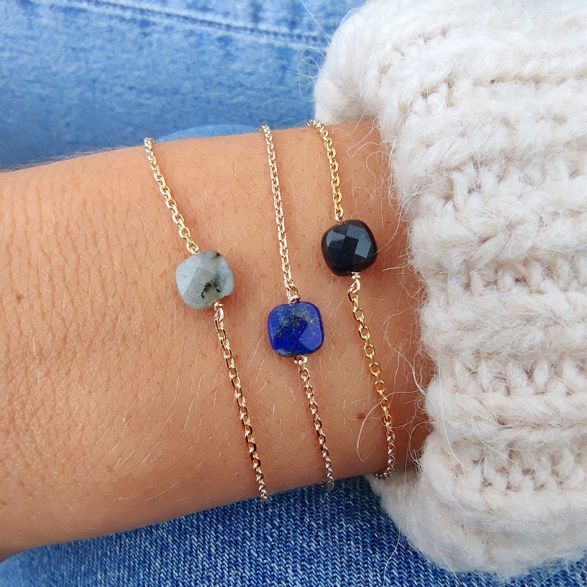 Ô PLUM Charlie Agate noire bracelet plaqué or chaîne ajustable