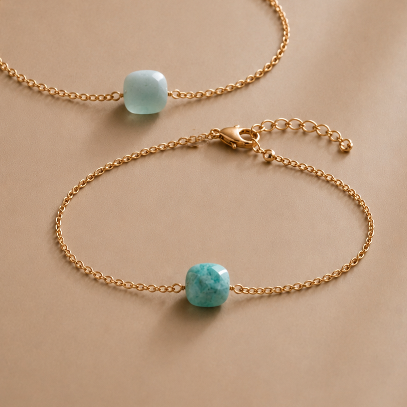 Ô PLUM Shenaa Amazonite bracelet plaqué or pierre foncée 15-18 cm