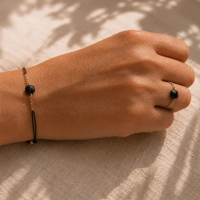 Ô PLUM Hanna bague chaîne agate noire taille 52 plaqué or