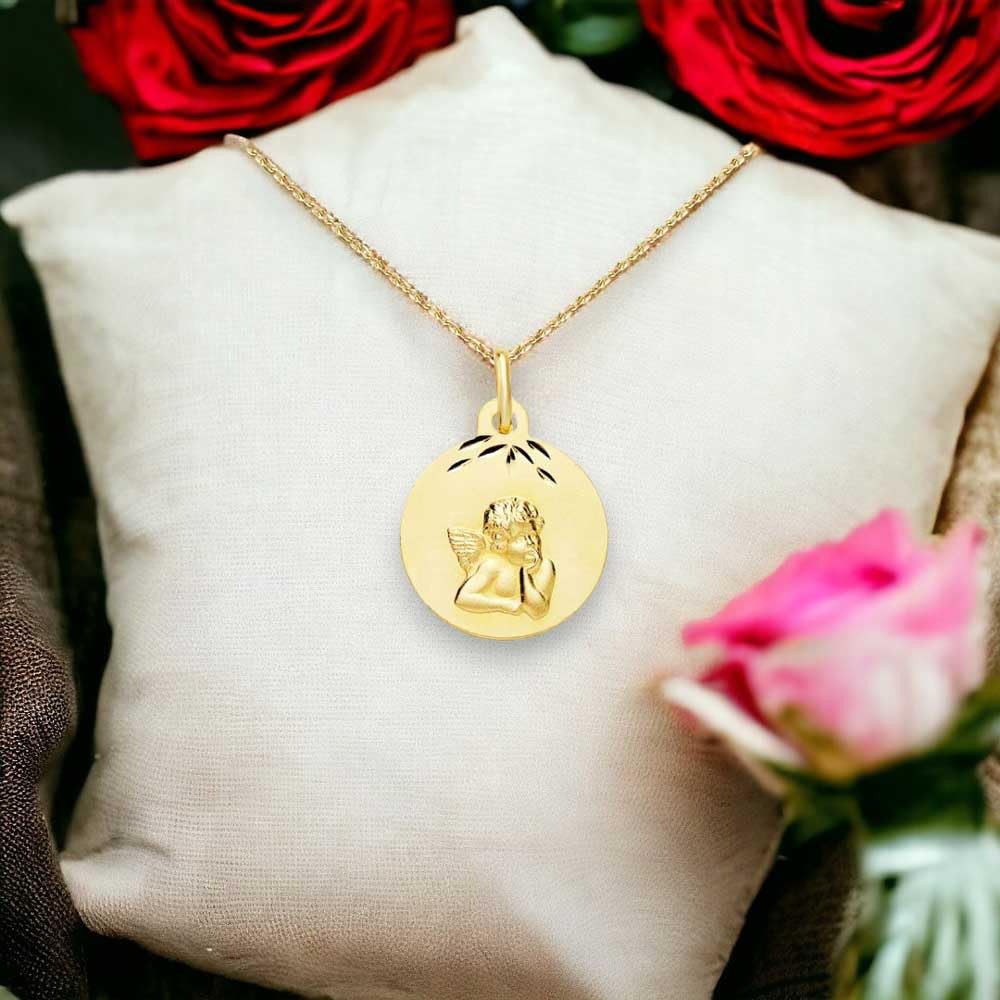 L'Atelier d'Azur Collier Médaille Ange Or Jaune + Chaîne Gravure