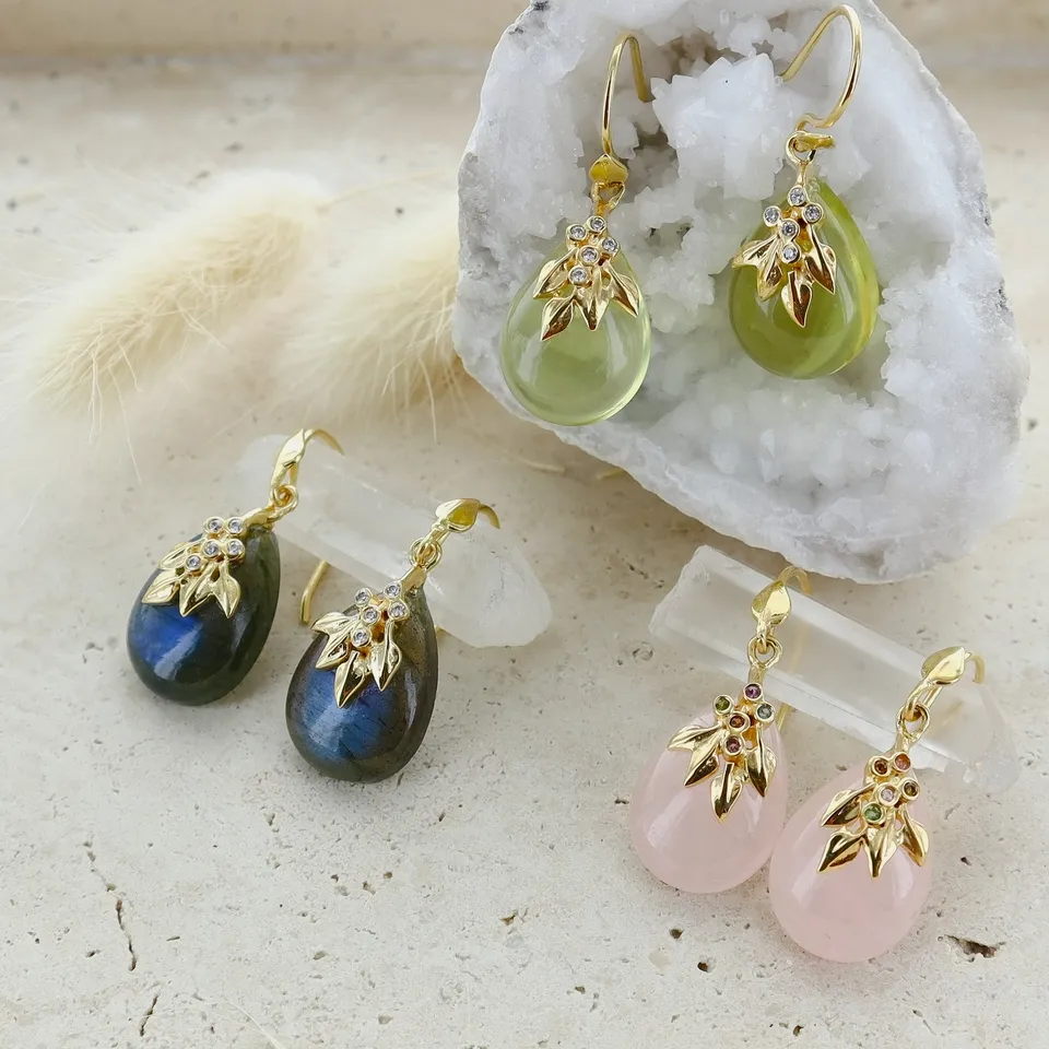 Leticia Ponti Flora boucles d'oreilles quartz rose plaqué or