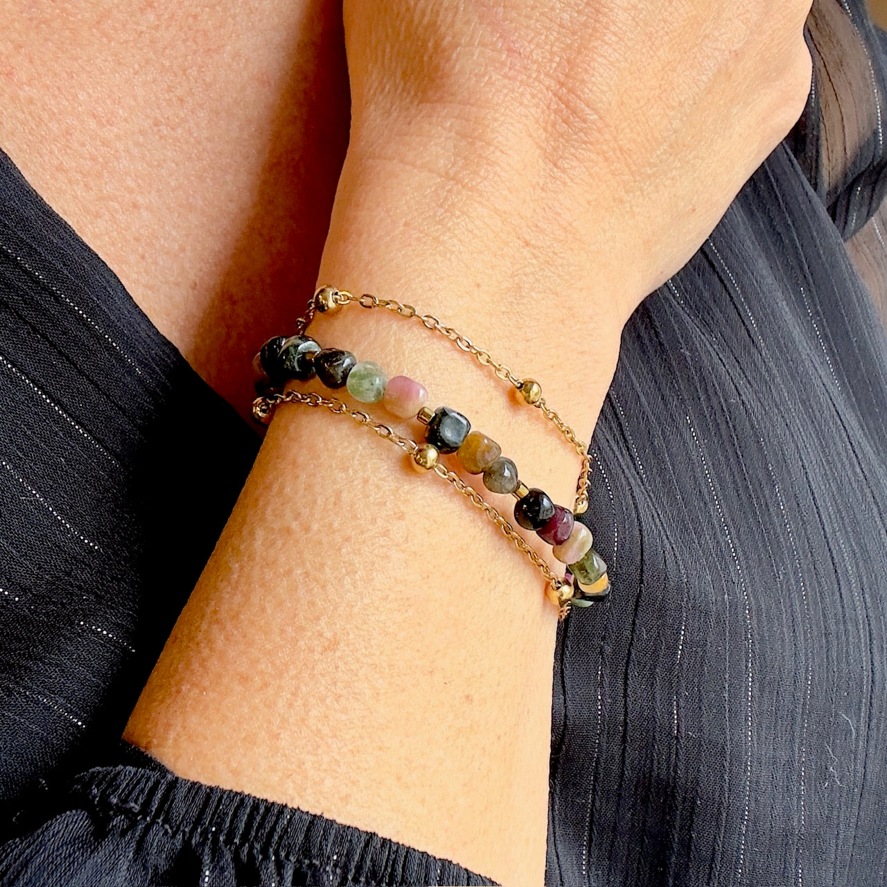 MAD SO CREATION Esra bracelet tourmaline triple rang 16,5 cm