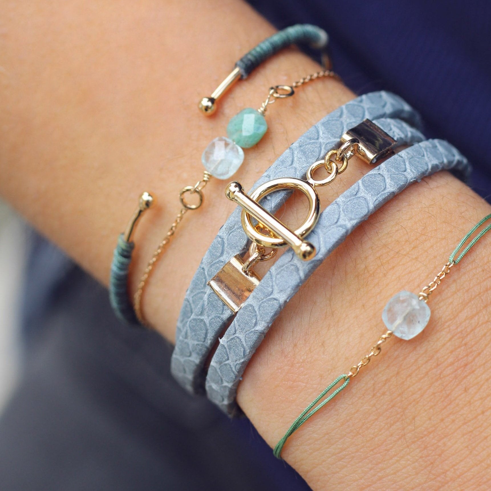 Ô PLUM ALIÉNOR Bracelet Aigue-Marine Amazonite Plaqué Or