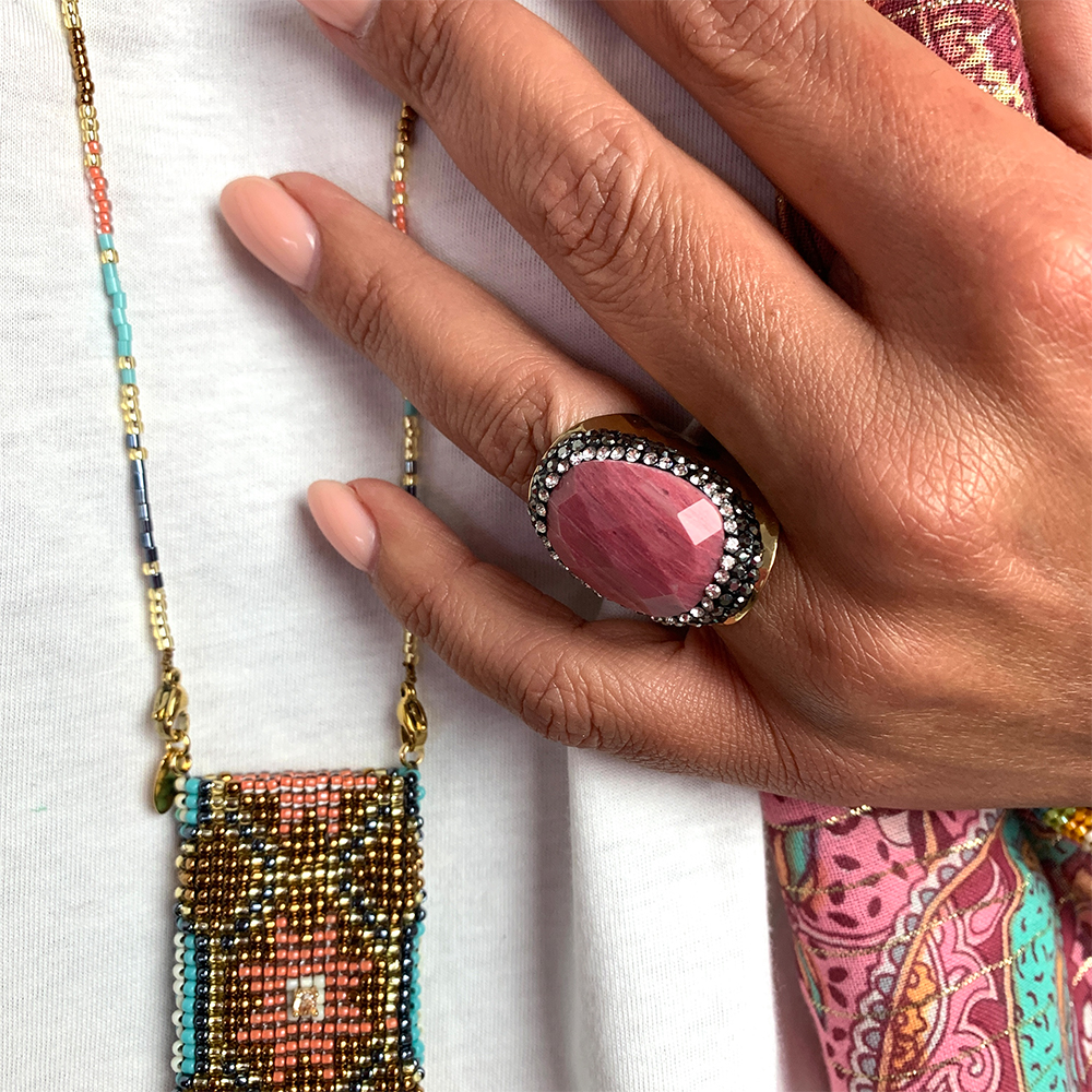 Hypnochic Bague Dorée Strass Rhodochrosite Ajustable