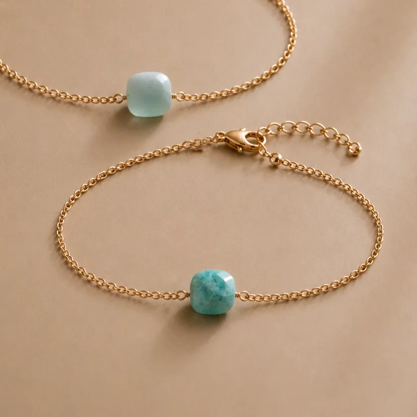 Ô PLUM Shenaa Amazonite bracelet plaqué or pierre foncée 15-18 cm