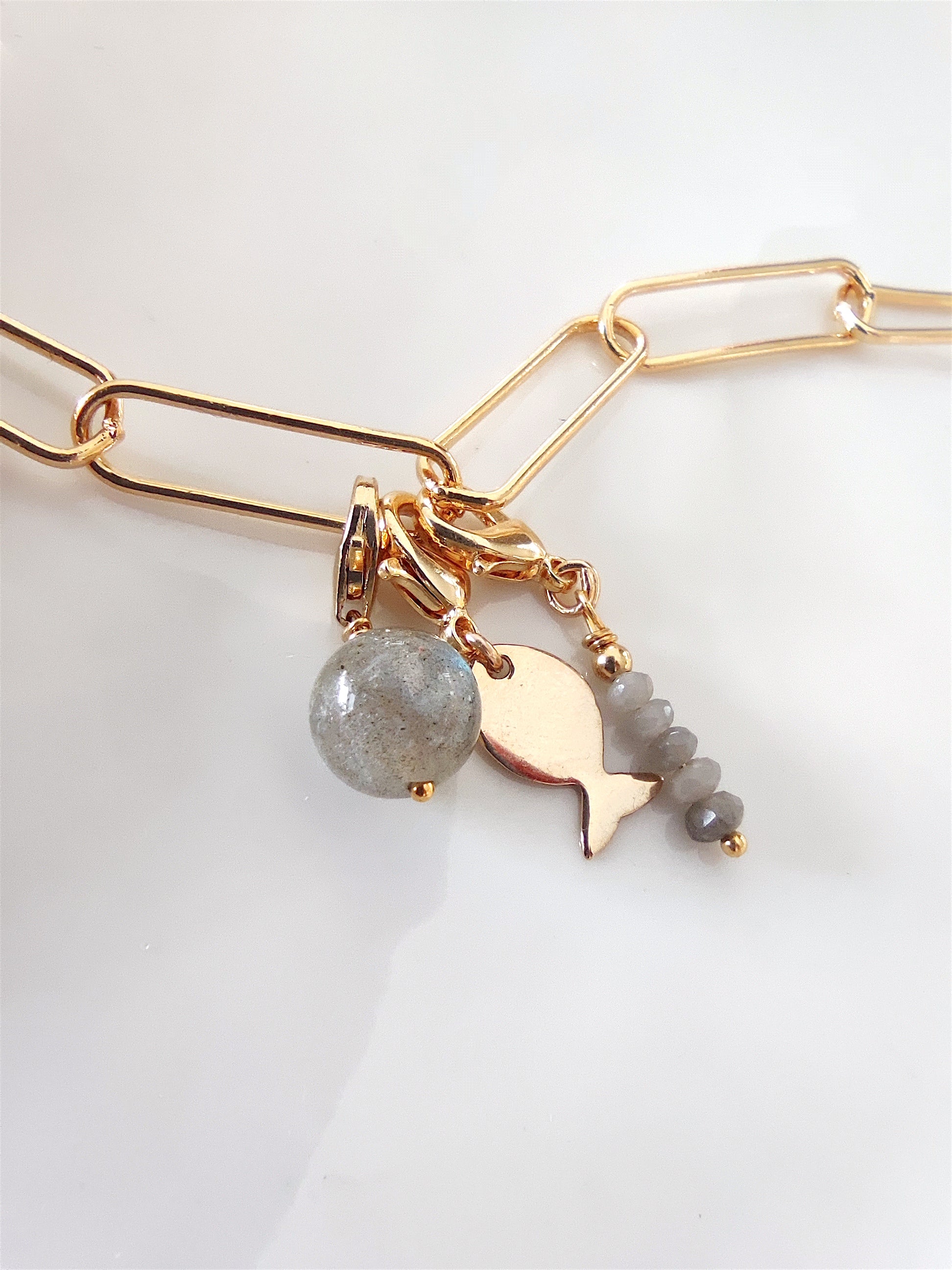 Ô PLUM Perle Labradorite breloque plaqué or protection