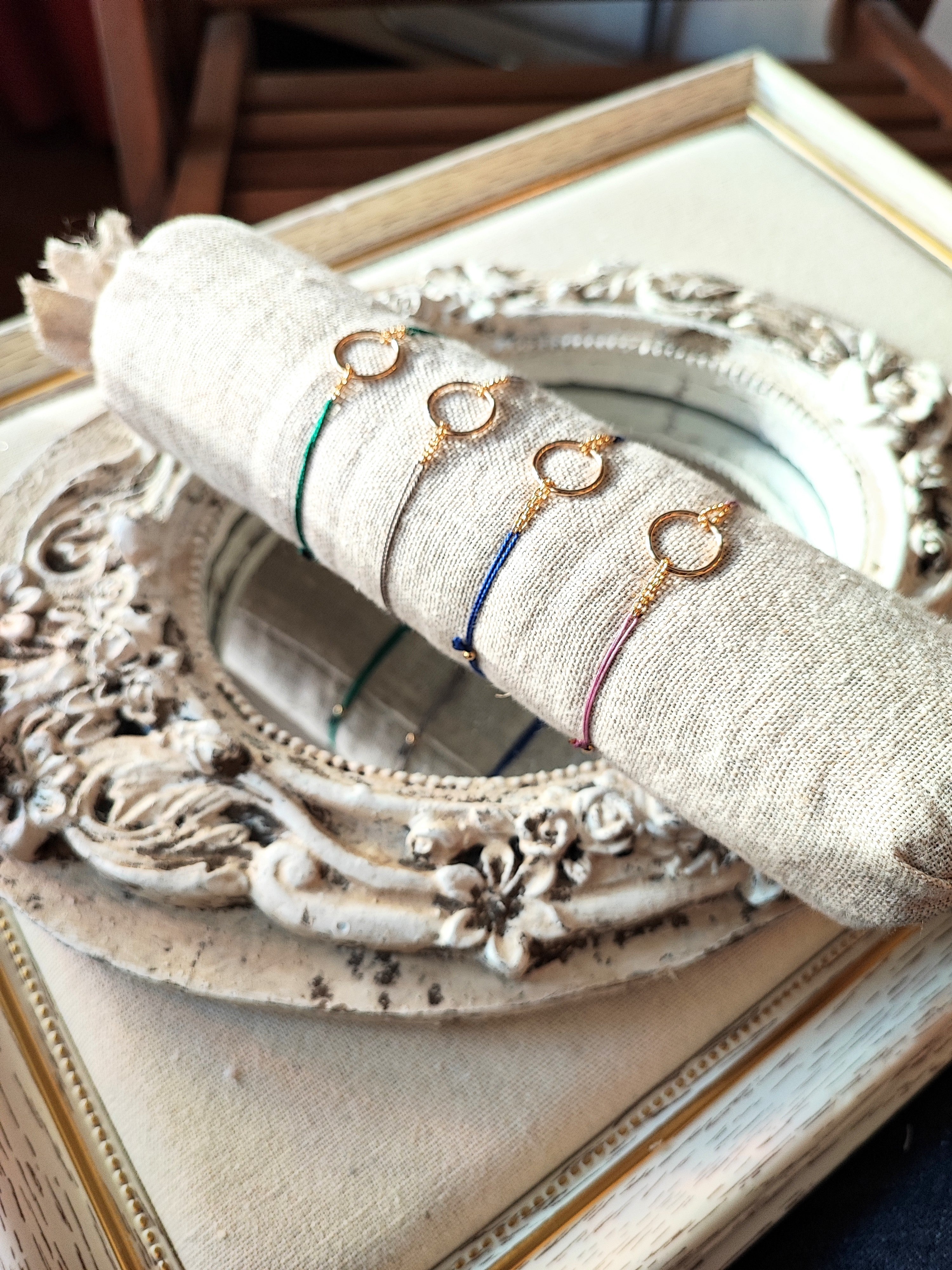 Ô PLUM Anneau bracelet cordon vert foncé plaqué or
