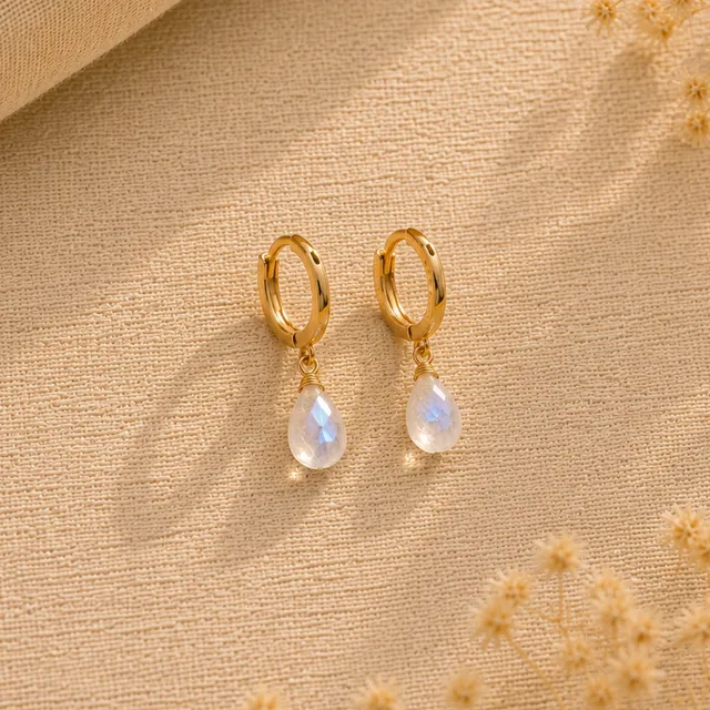 Ô PLUM Créoles gouttes pierre de lune boucles d'oreilles plaqué or