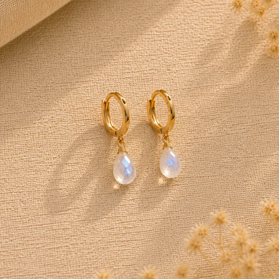 Ô PLUM Créoles gouttes pierre de lune boucles d'oreilles plaqué or