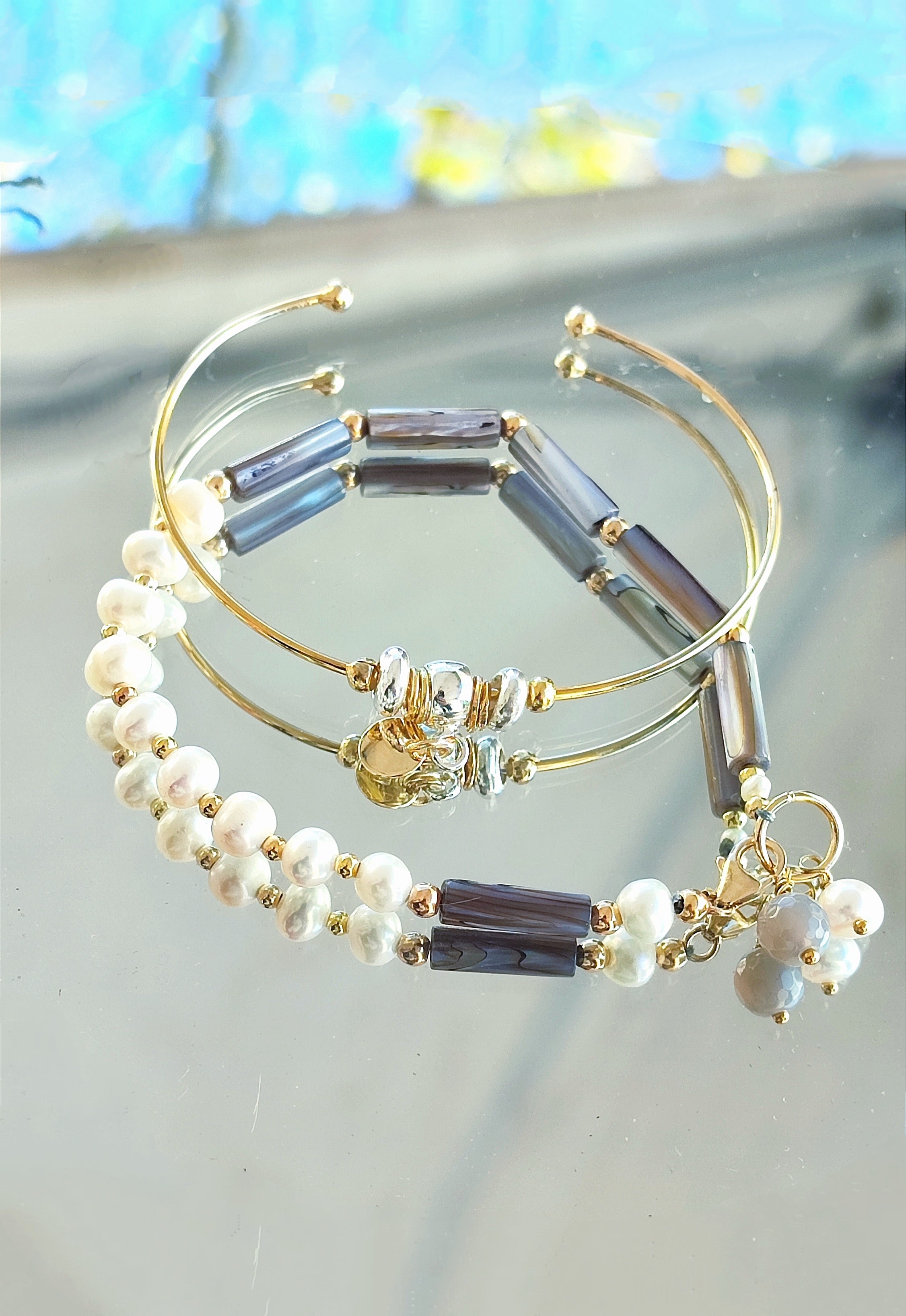 Ô Plum Bracelet Perles Pierres Jo nacre beige 17 cm