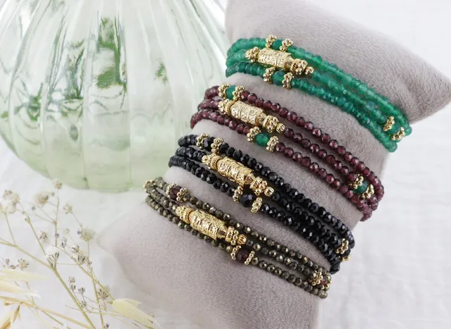 Leticia Ponti Amaia Tube bracelet 3 tours agate verte plaqué or