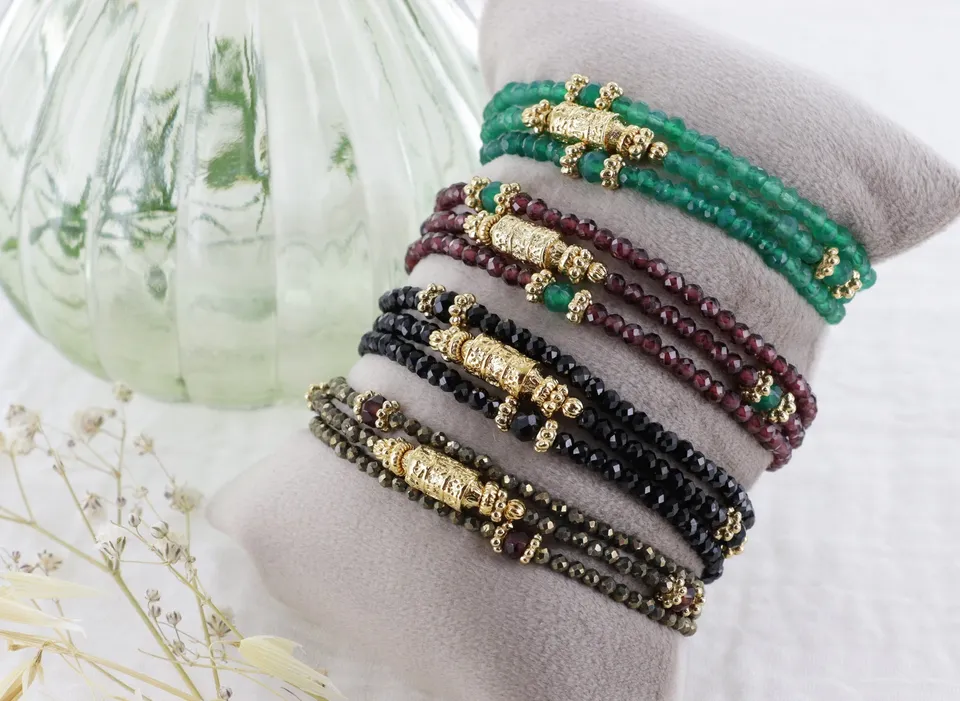 Leticia Ponti Amaia Tube bracelet 3 tours agate verte plaqué or