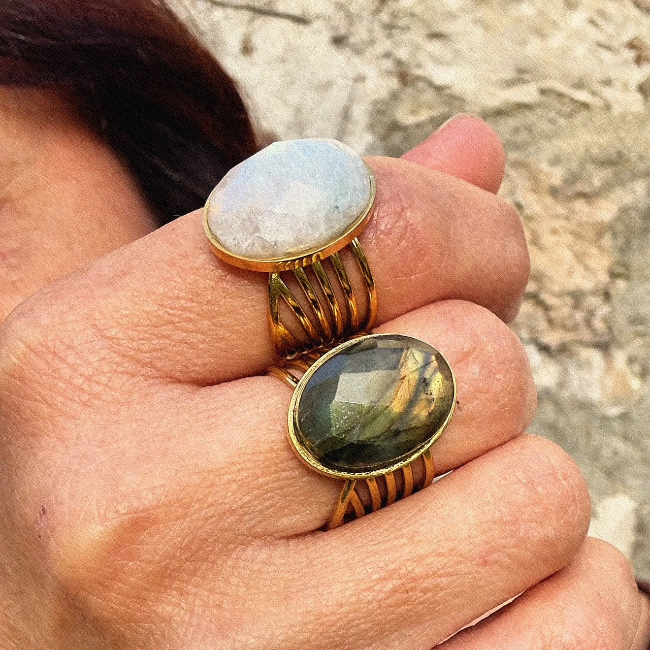 MAD SO CREATION Bague Lumen labradorite acier ajustable