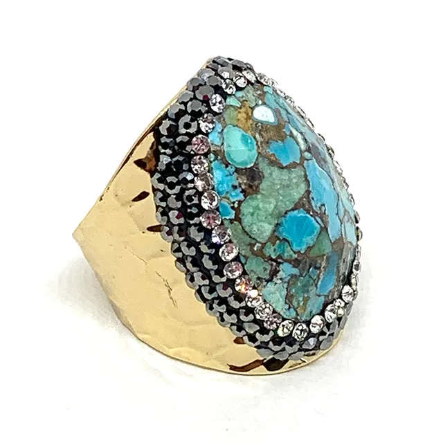 Hypnochic Bagues Bague Dorée Turquoise Strass ajustable