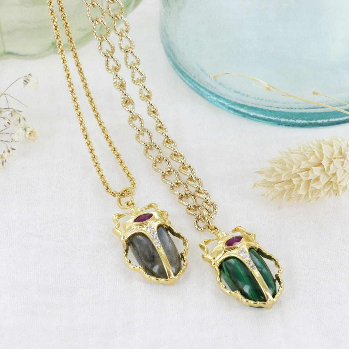 Leticia Ponti Scarabée Collier pendentif plaqué or malachite