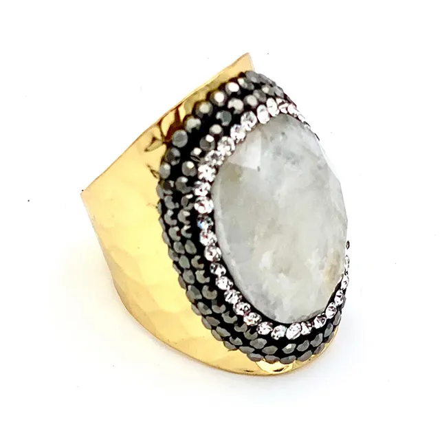HYPNOCHIC Bague dorée strass pierre de lune ajustable