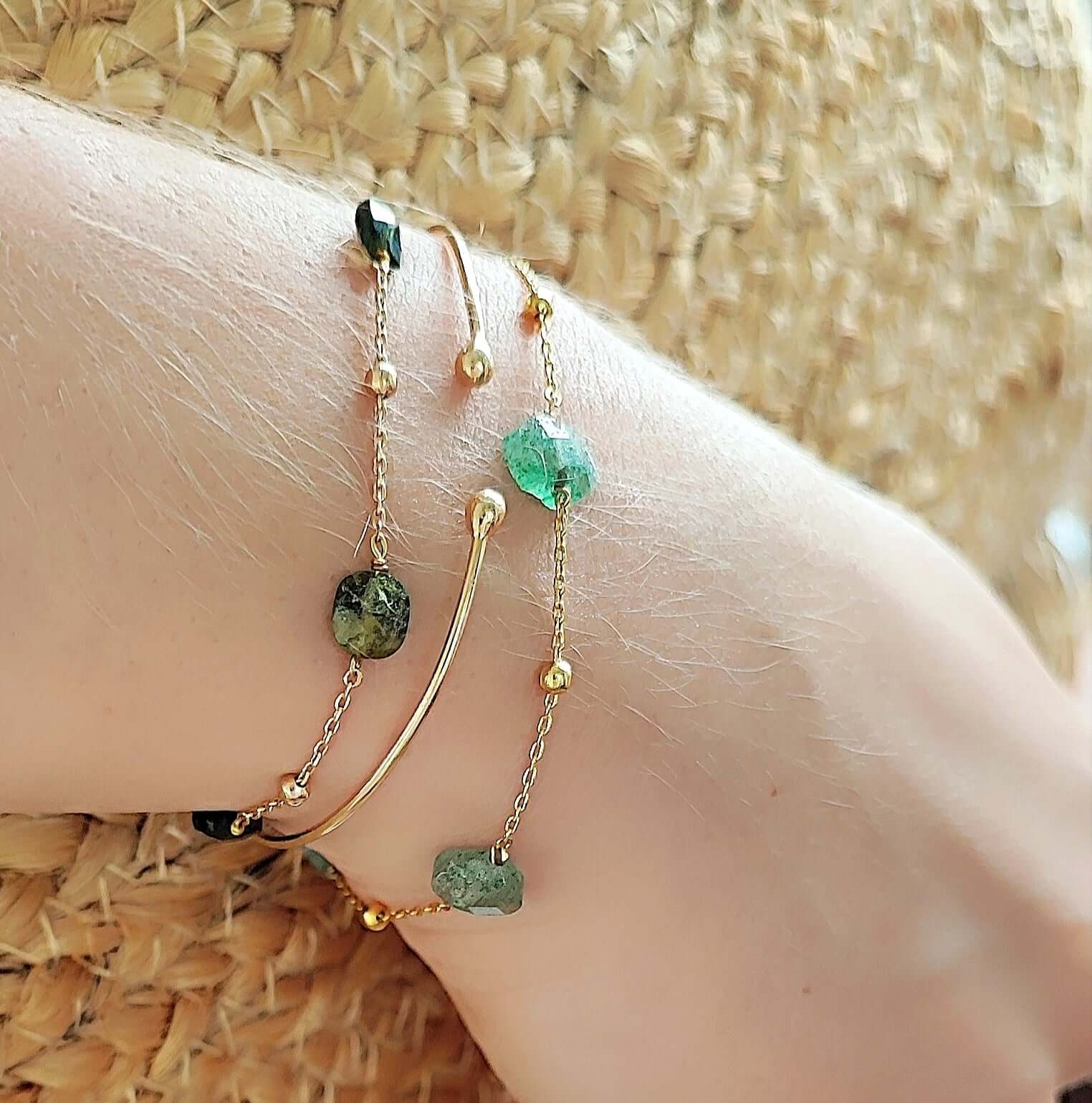 Ô PLUM 4 Aventurines bracelet plaqué or pierre ovale 15/18 cm