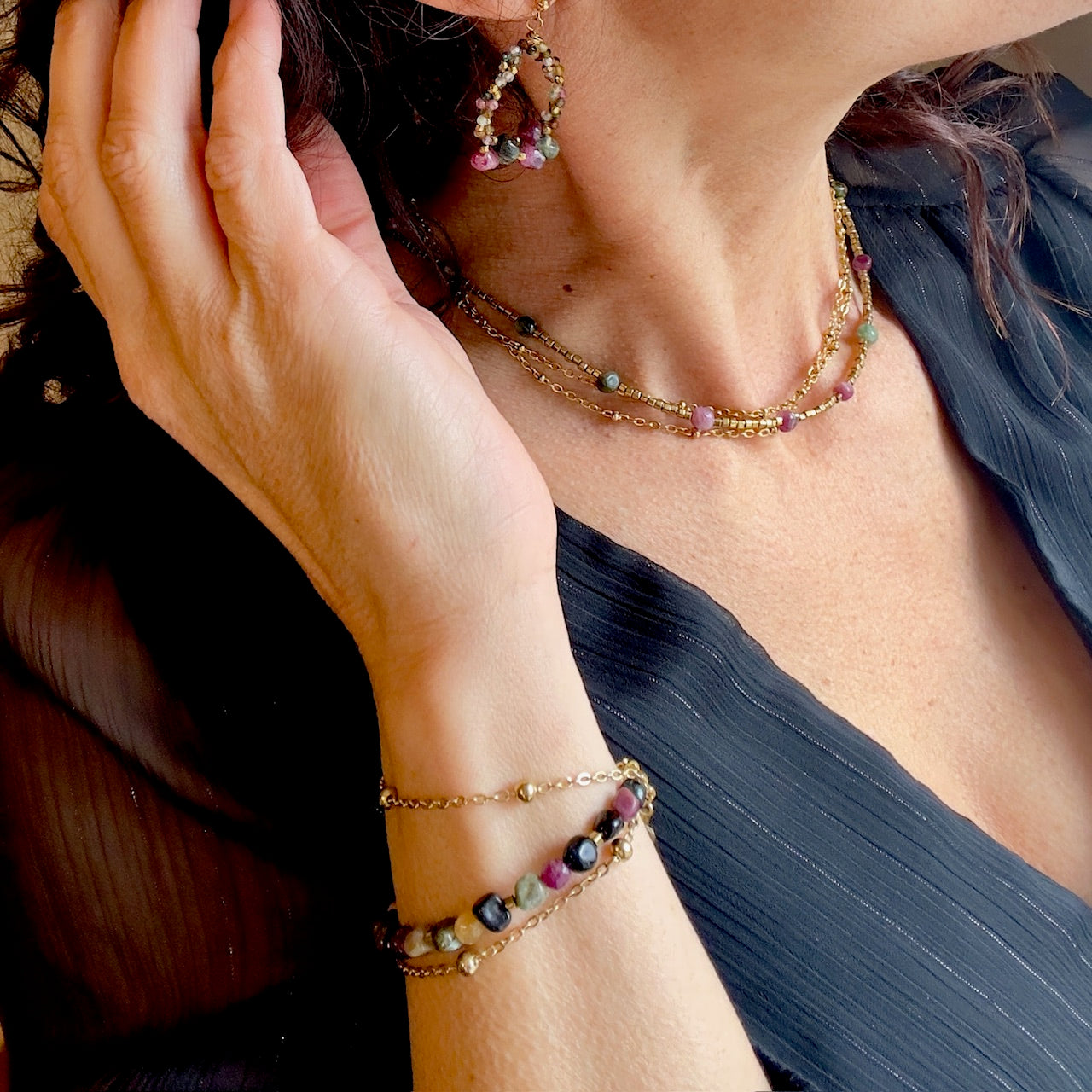 MAD SO CREATION Esra bracelet tourmaline triple rang 16,5 cm