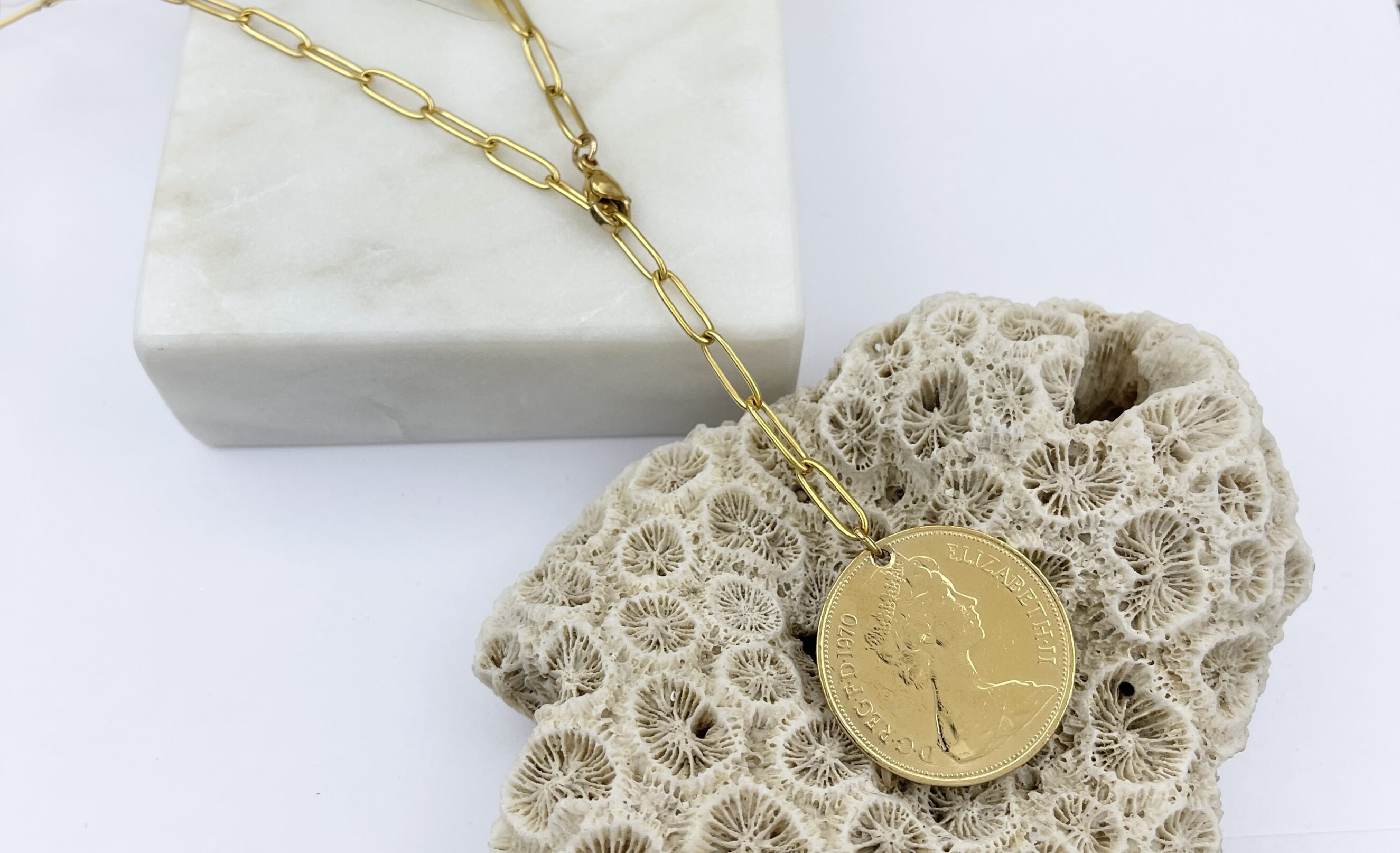 Le P’tit Franc Collier 10 Pence collier pièce anglaise chaîne 45 cm or