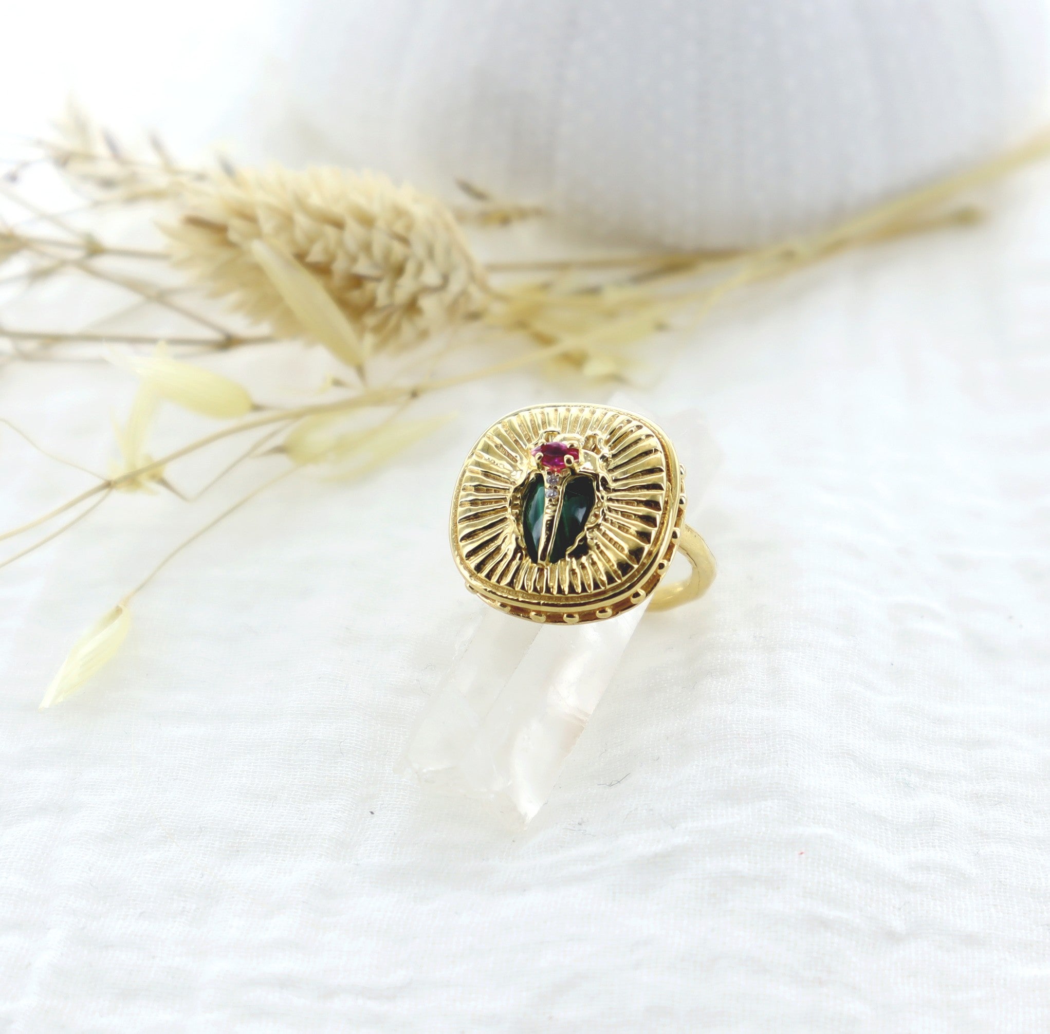 Leticia Ponti Scarabée bague malachite plaqué or ajustable