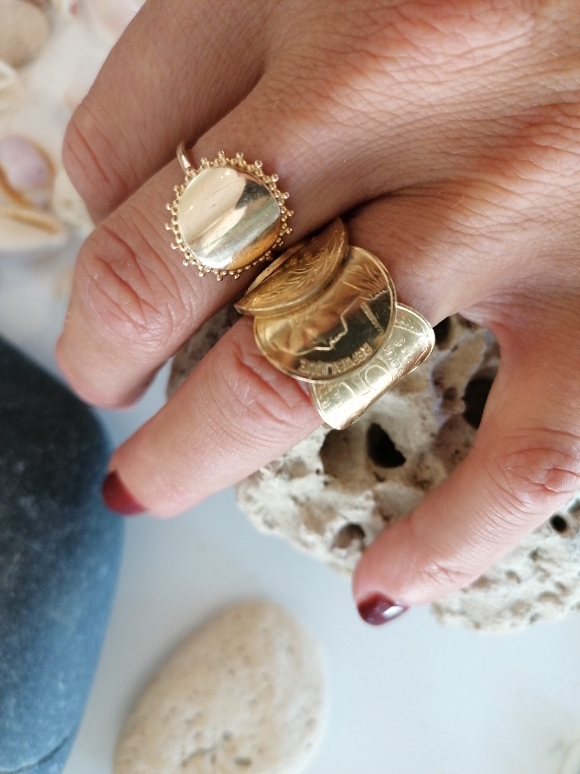 Le P'tit Franc Iel bague 3 pièces 5 centimes plaqué or