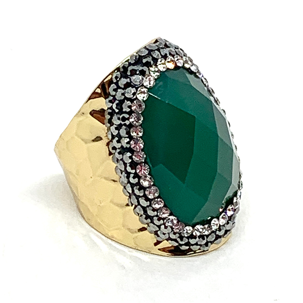 Hypnochic bague dorée strass agate verte ajustable
