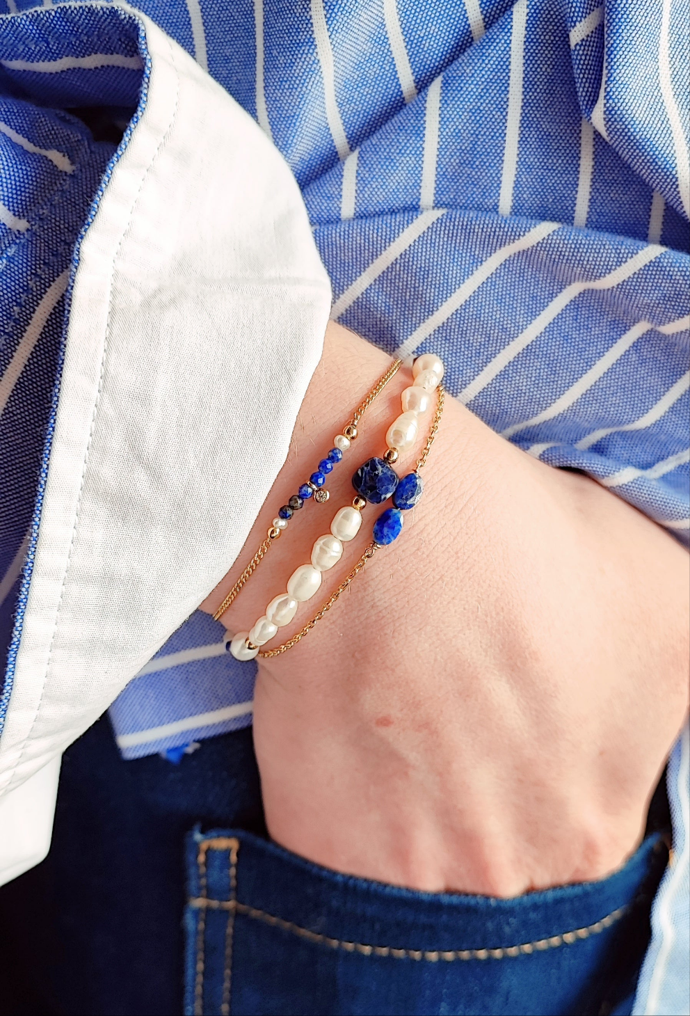 Ô Plum Bracelet Lapis-lazuli zircon plaqué or 15-18 cm