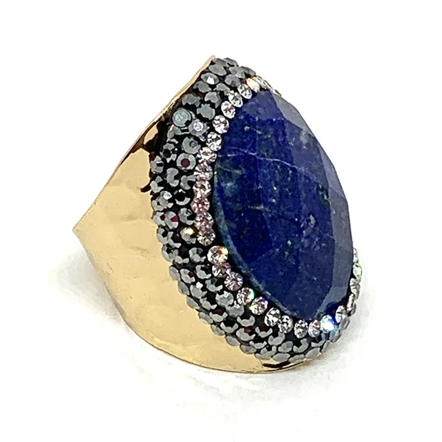 HYPNOCHIC Bague Strass Lapis Lazuli Doré Ajustable