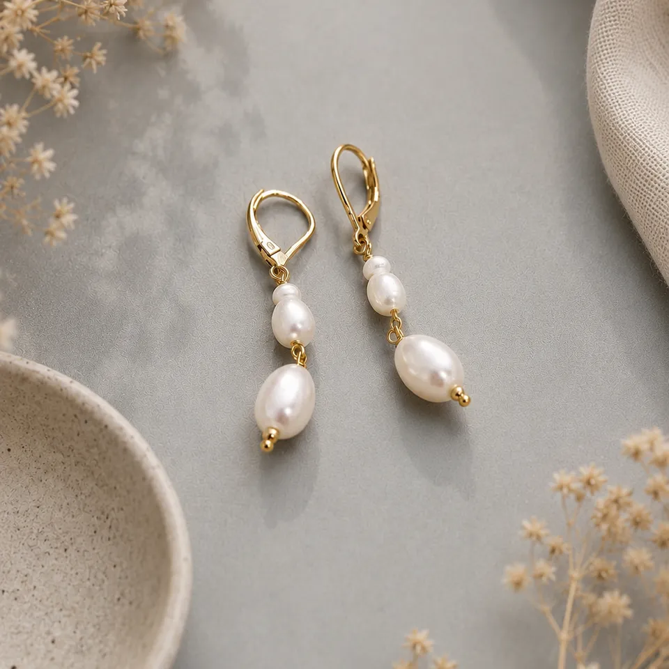 Ô PLUM Jo Rivière boucles dormeuses plaqué or perles 4 cm
