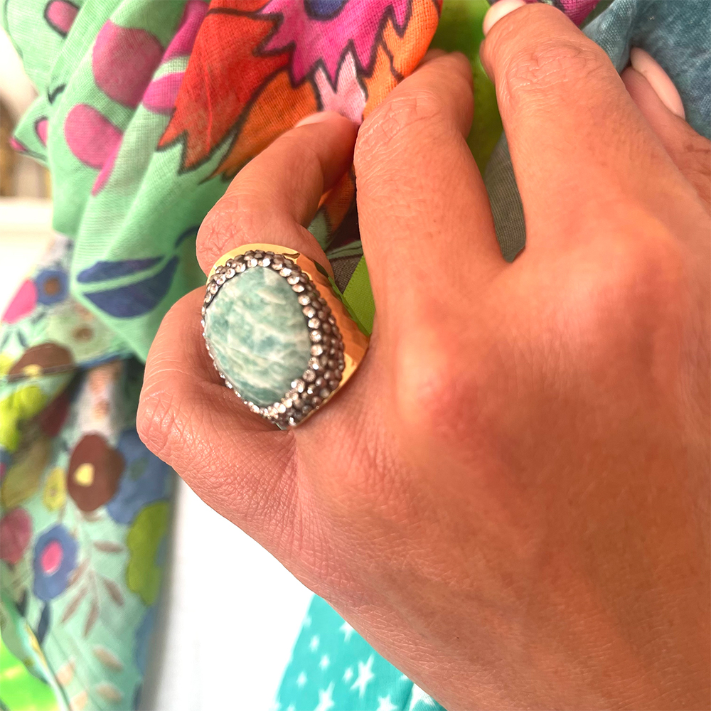 HYPNOCHIC Amazonite bague dorée strass pierre ajustable