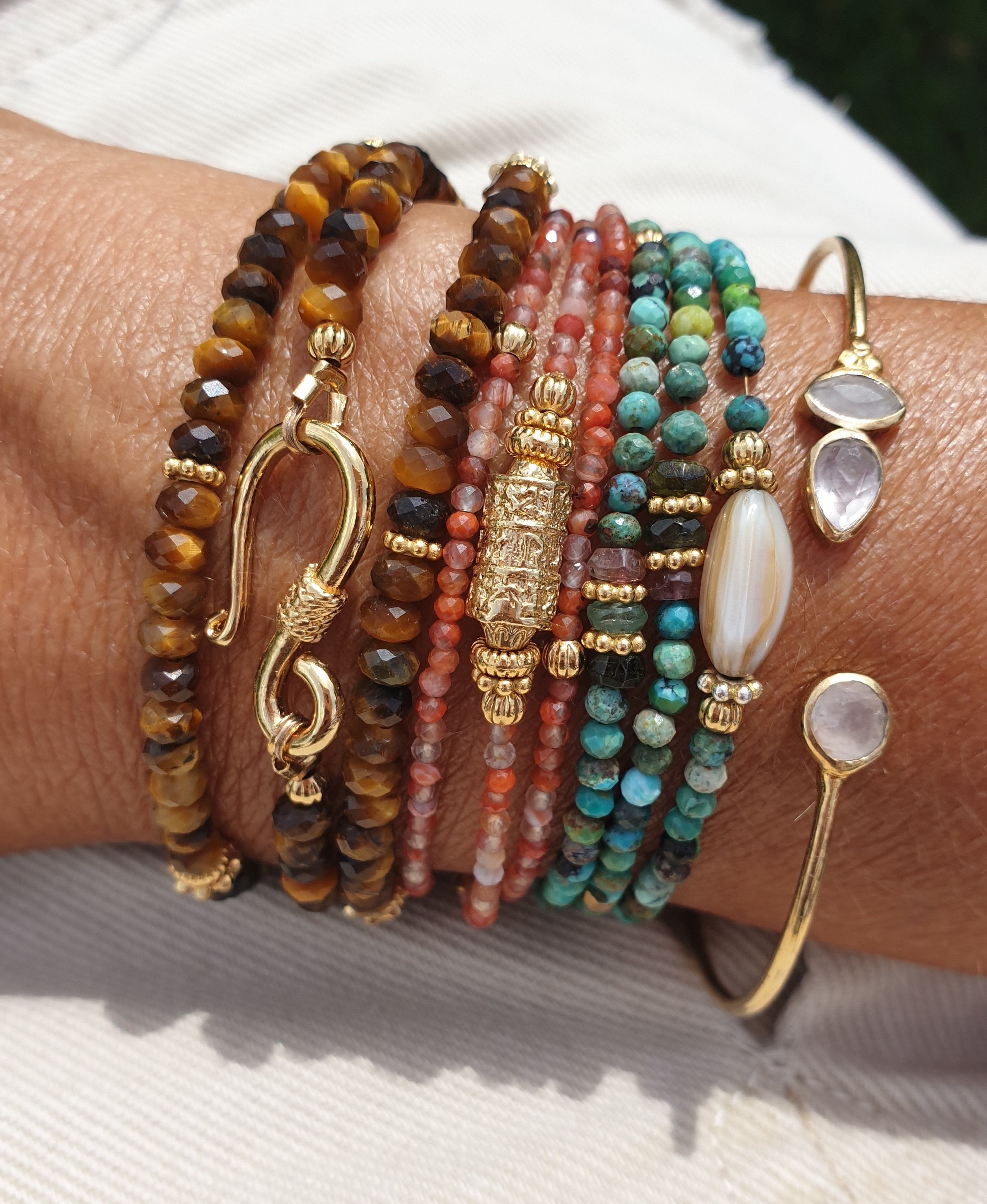 Leticia Ponti Amaia Tube bracelet 3 tours agate verte plaqué or
