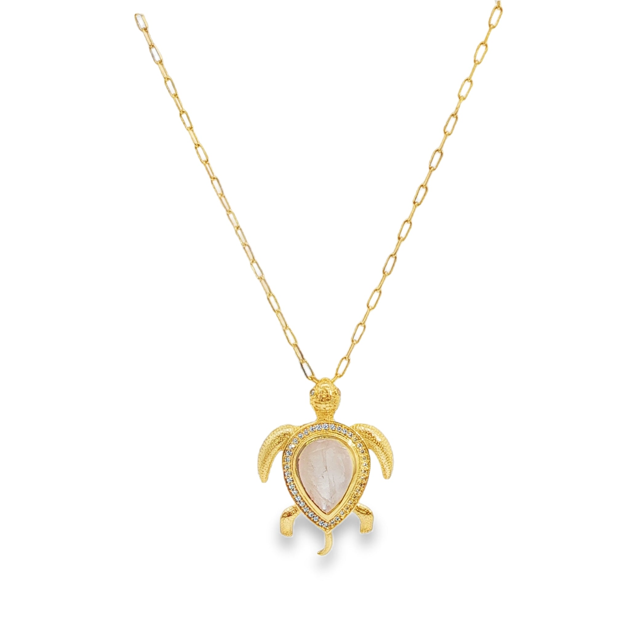 Leticia Ponti Tortue sautoir plaqué or quartz rose 70 cm