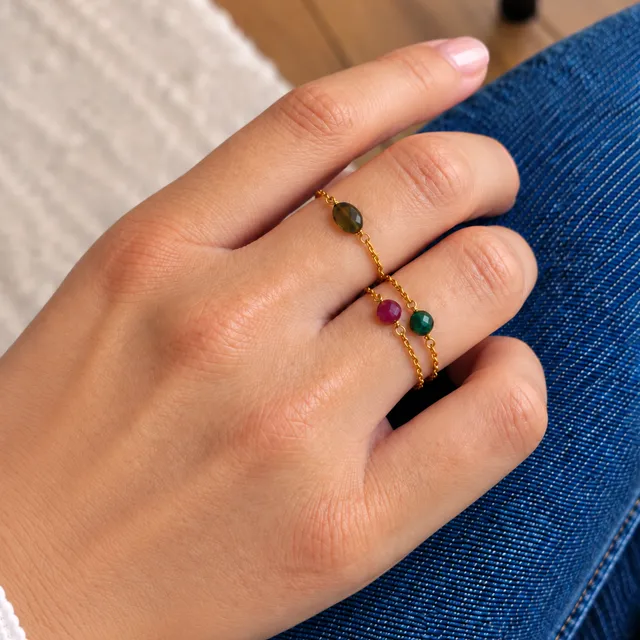 Ô Plum Jenna bague jade plaqué or chaîne fine