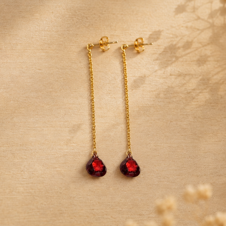 Ô PLUM Chaînes Gouttes boucles d'oreilles plaqué or grenat