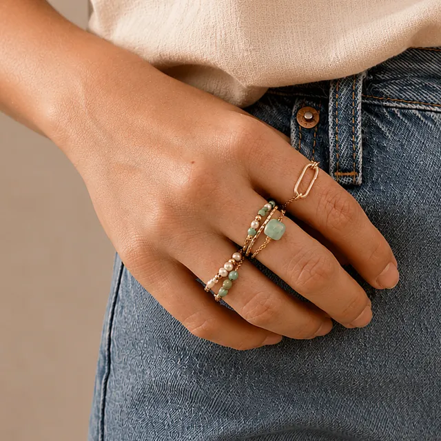 Ô PLUM Hanna bague chaîne amazonite plaqué or taille 52