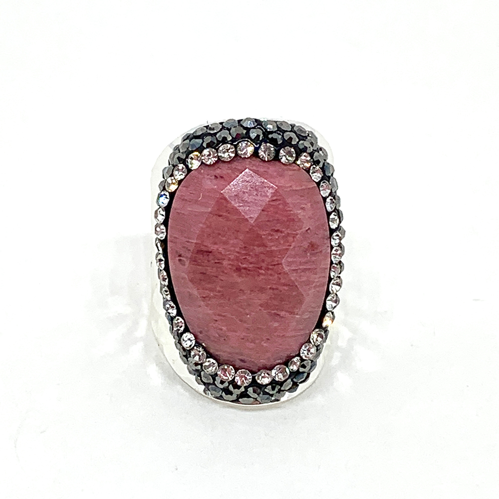 Hypnochic Bague Argenté Strass Rhodochrosite Ajustable