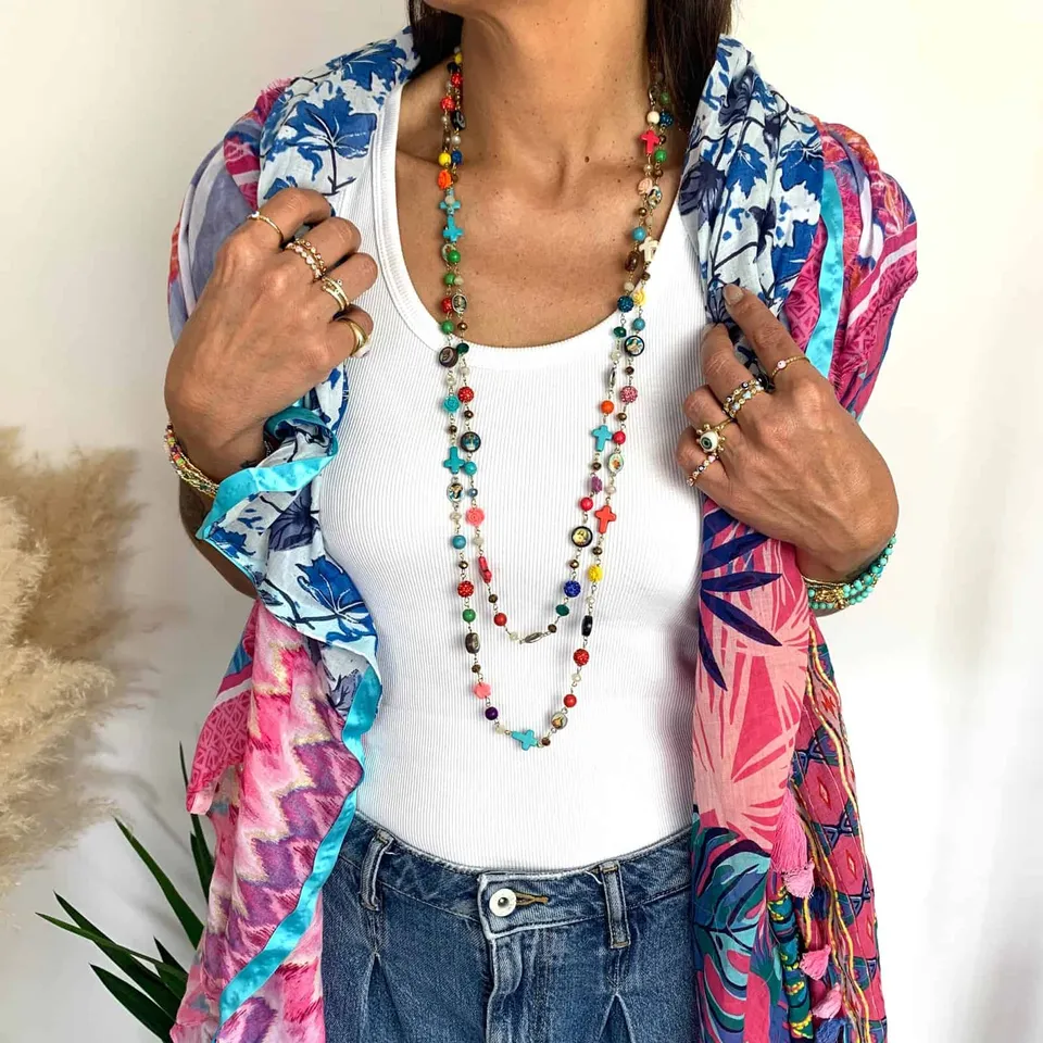 Hypnochic Marie sautoir long perles croix nacre 2 m