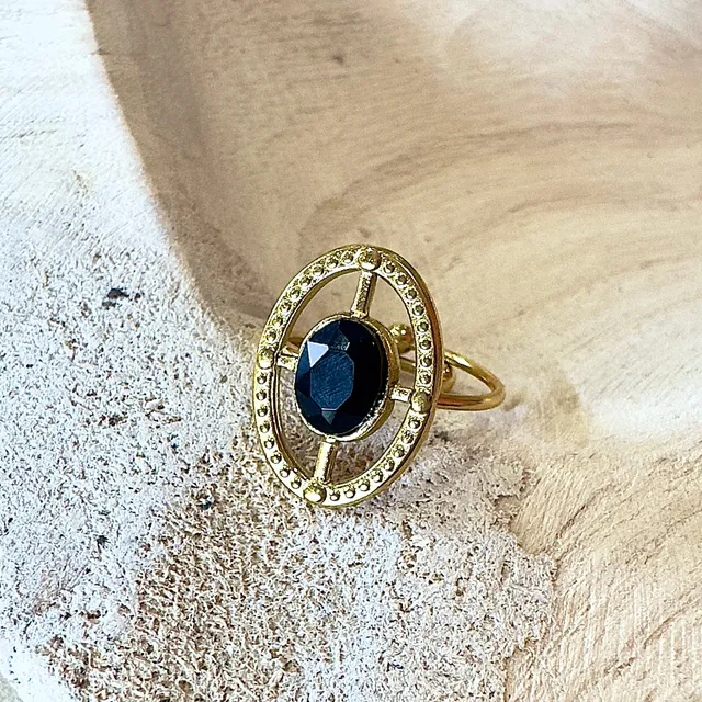 MAD SO CREATION Onyx bague pierre noire doré T53-57
