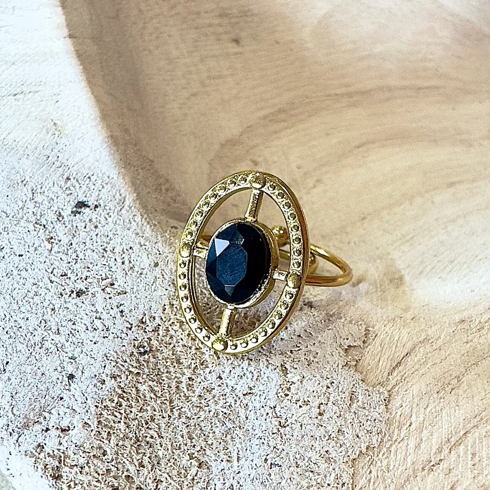 MAD SO CREATION Onyx bague pierre noire doré T53-57