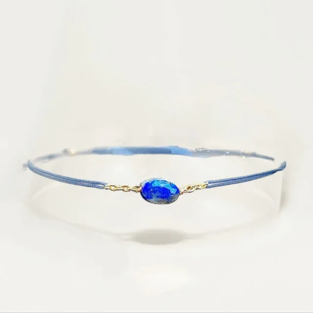 Ô PLUM Bracelet cordon lapis lazuli ovale plaqué or ajustable