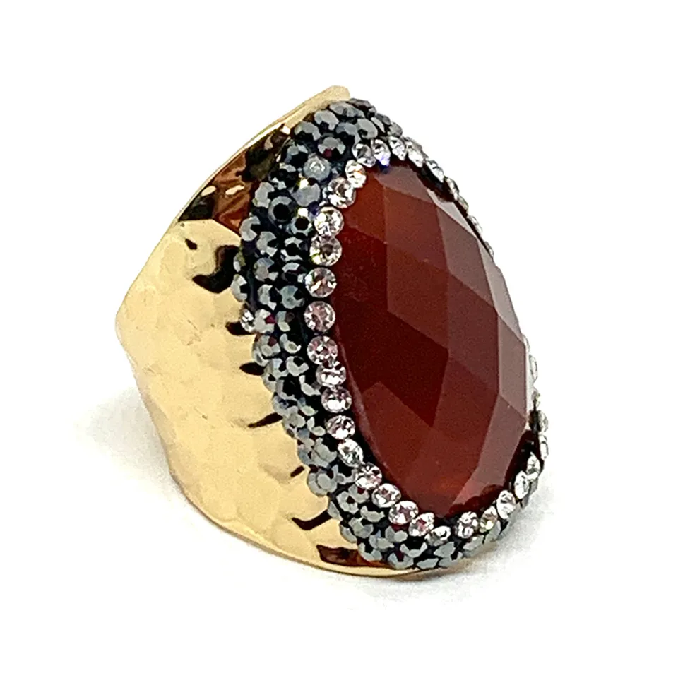Hypnochic bague dorée strass pierre cornaline ajustable