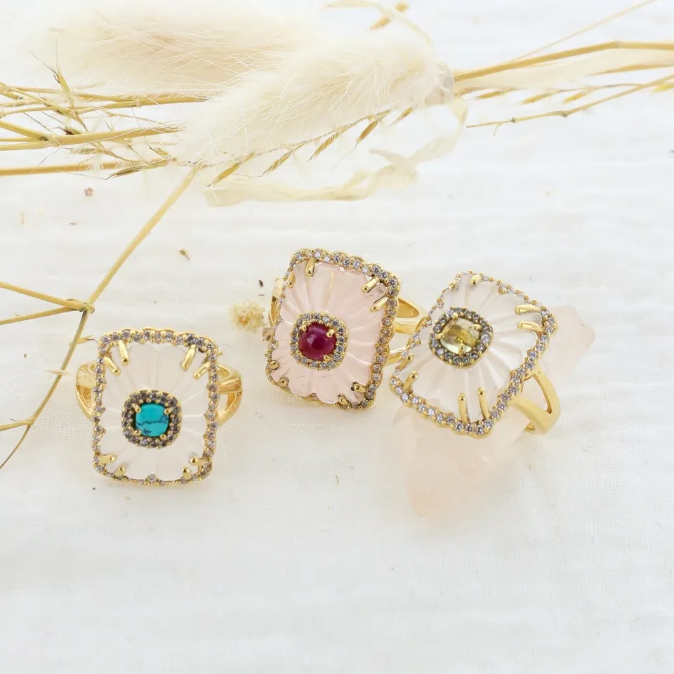 Leticia Ponti Julia bague cristal turquoise ajustable plaqué or